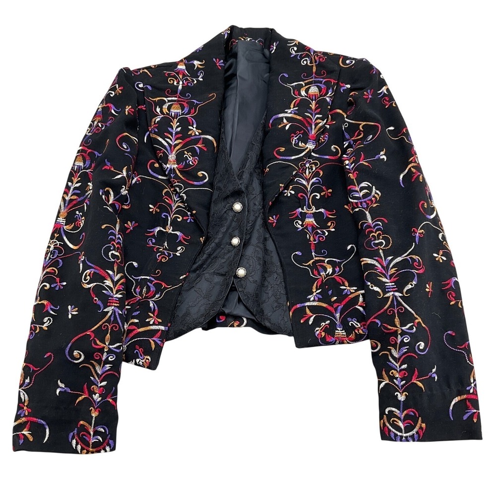 Blaxer Vest Blazer Women 10/12 Black Multi Floral Embroidery Party Crop 1Pc VTG